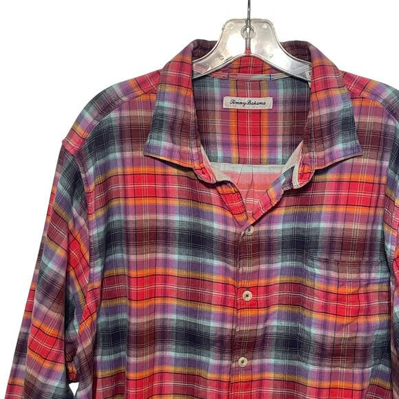 Tommy Bahama Double Faced Button Shirt Mens XL Red Blue Plaid Cotton Western - Picture 2 of 8